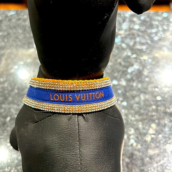 Handmade Dog Necklace golden color hardware,rhinestones designer LV ribbon. - Picture 2 of 5